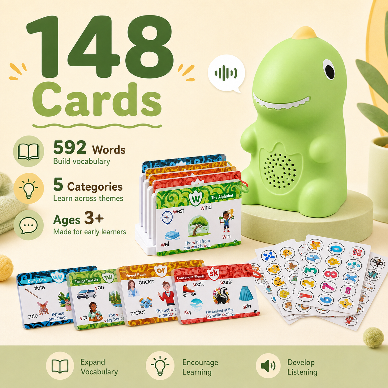 148 dinosaur talking flash cards with 592 words