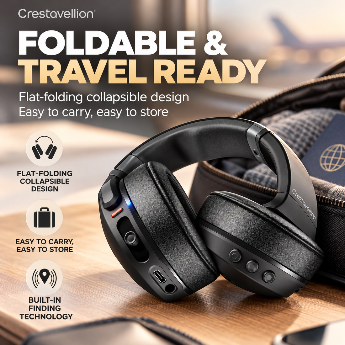 Crestavellion Wireless Over-Ear Headphones – Adjustable Deep Bass, 40H Battery, Bluetooth & Foldable Design