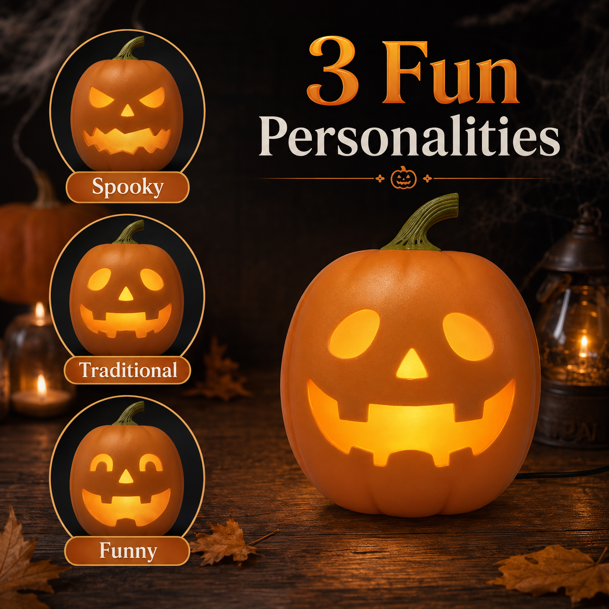 Three animated pumpkin personalities