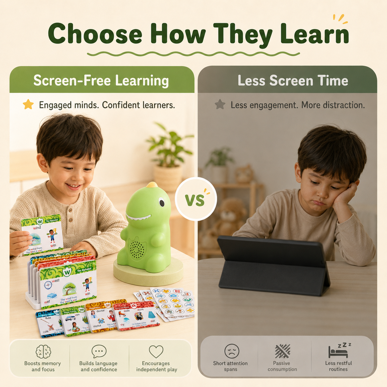 Screen free learning with dinosaur talking flash cards