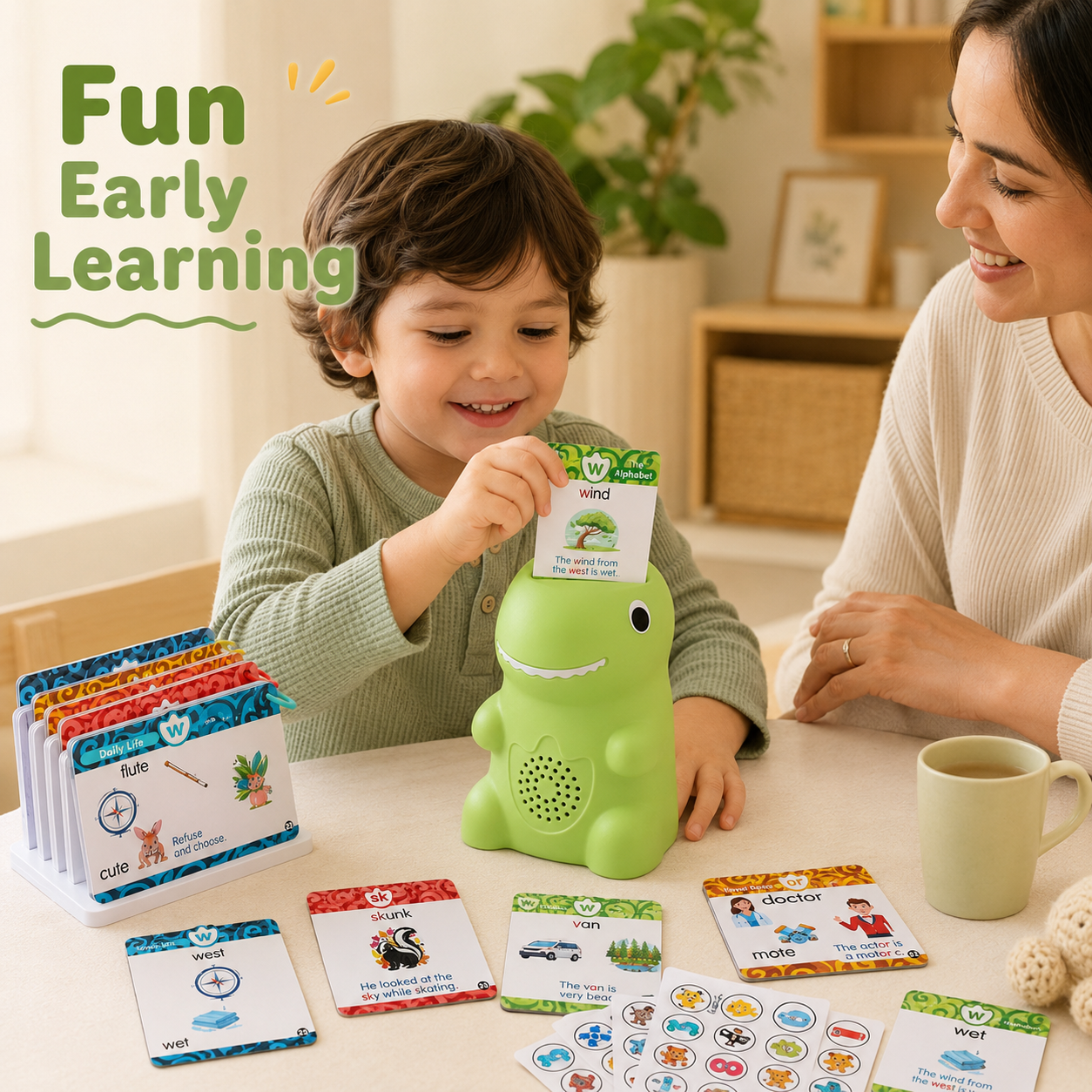 Child learning with dinosaur flash card reader