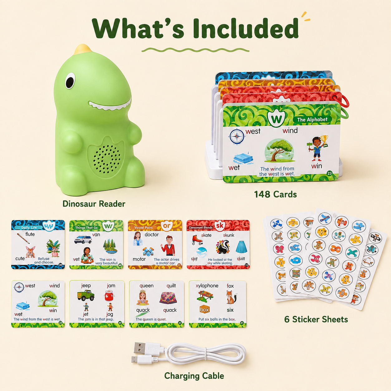 What's included dinosaur talking flash cards